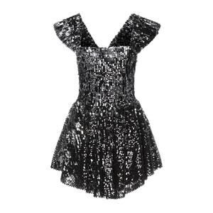 Aniye By Gemma Sequin Mini Dress in Black Medium Flutter Sleeve Ruffle Lined